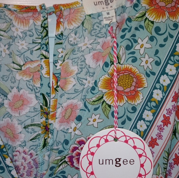 UMGEE Mint Mix Floral Balloon Sleeve Ruffle Trim Dress Elastic Waist, Medium - Picture 4 of 6